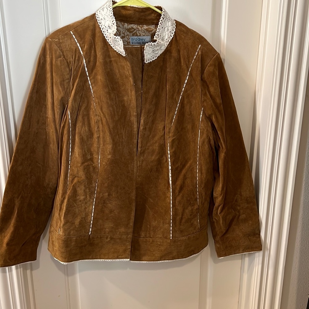 Bradley Bayou Hollywood designer, genuine suede and lace trim suit.